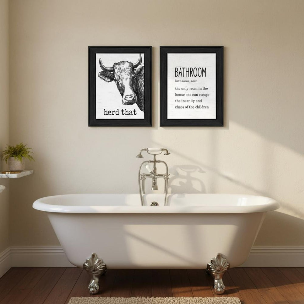 HomeRoots Set of Two HERD THAT! Black Framed Bathroom Prints - Modern Wall Art for Contemporary Spaces 568678