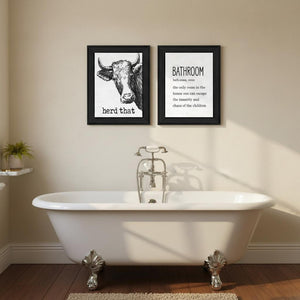 HomeRoots Set of Two HERD THAT! Black Framed Bathroom Prints - Modern Wall Art for Contemporary Spaces 568678