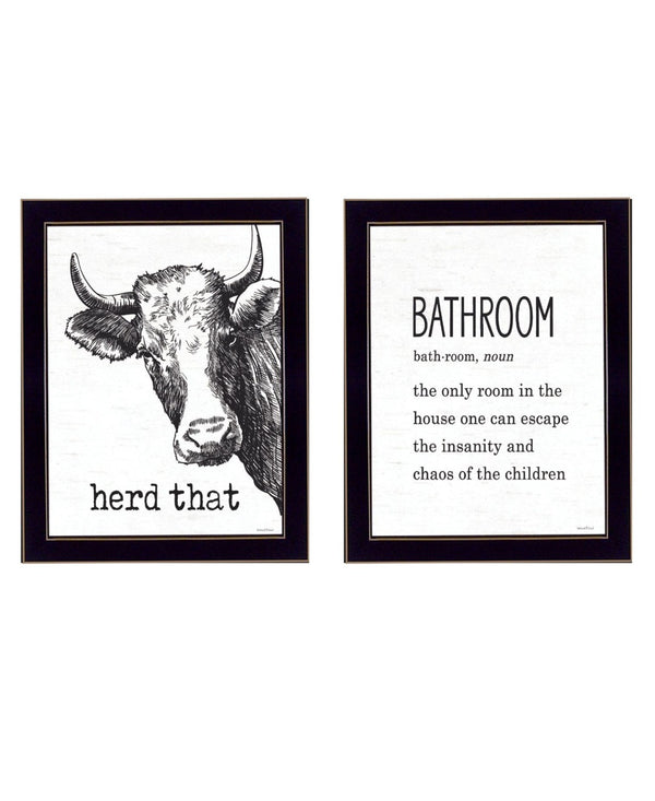 HomeRoots Set Of Two HERD THAT! Contemporary Black Framed Bathroom Wall Art for Stylish Home Decor Upgrade 568679