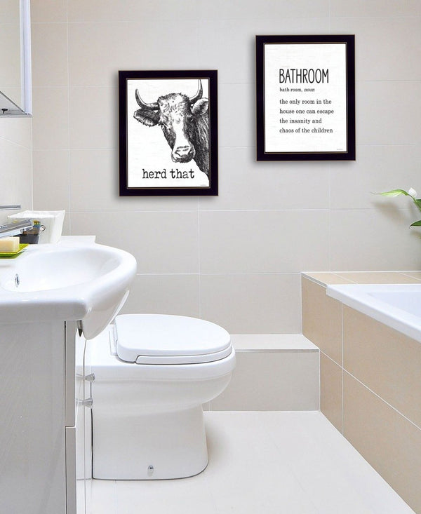 HomeRoots Set Of Two HERD THAT! Contemporary Black Framed Bathroom Wall Art for Stylish Home Decor Upgrade 568679