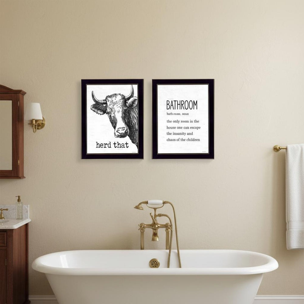 HomeRoots Set Of Two HERD THAT! Contemporary Black Framed Bathroom Wall Art for Stylish Home Decor Upgrade 568679