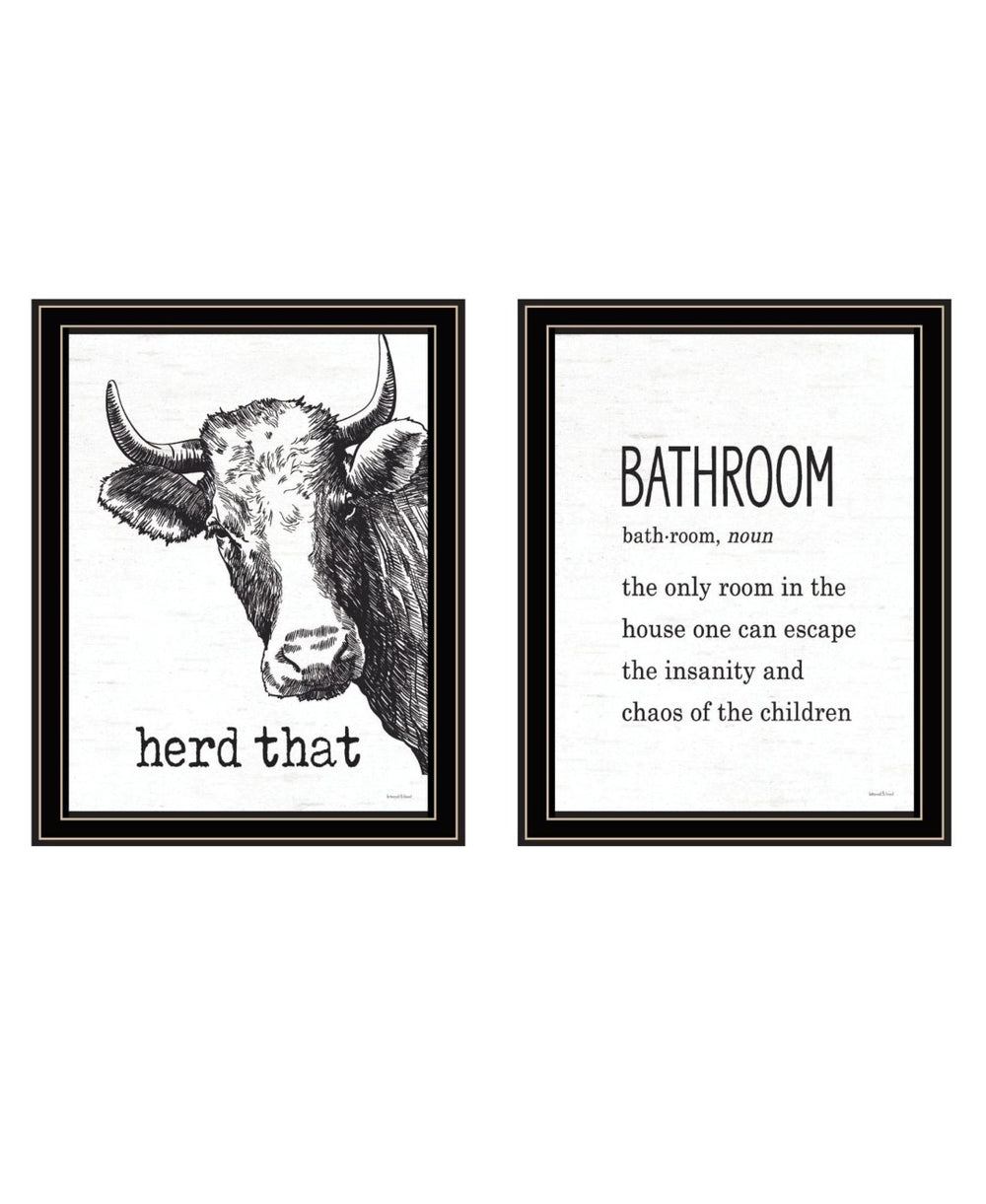 HomeRoots Set of Two HERD THAT! Chic Black Framed Bathroom Wall Art – Stylish Prints for Modern Decor 568680