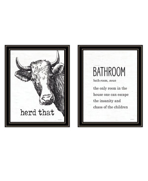 HomeRoots Set of Two HERD THAT! Chic Black Framed Bathroom Wall Art – Stylish Prints for Modern Decor 568680