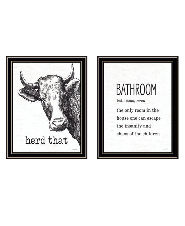 HomeRoots Set of Two HERD THAT! Chic Black Framed Bathroom Wall Art – Stylish Prints for Modern Decor 568680