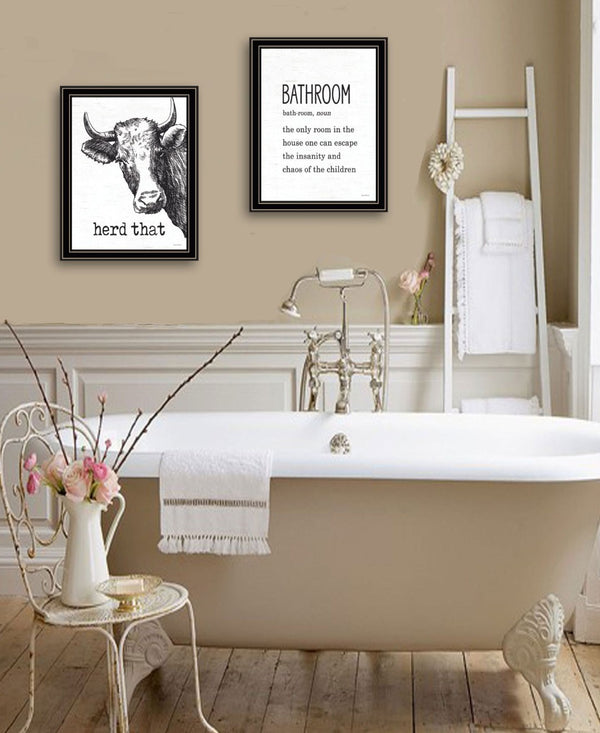 HomeRoots Set of Two HERD THAT! Chic Black Framed Bathroom Wall Art – Stylish Prints for Modern Decor 568680