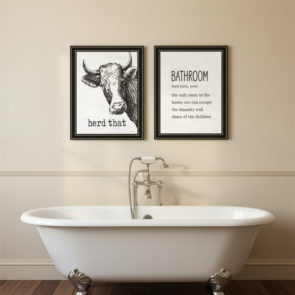 HomeRoots Set of Two HERD THAT! Chic Black Framed Bathroom Wall Art – Stylish Prints for Modern Decor 568680