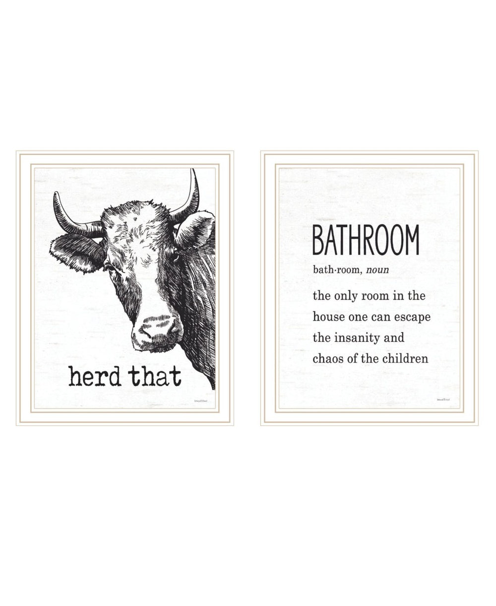 HomeRoots Set Of Two HERD THAT! Stylish White Framed Bathroom Wall Art for Trendy Home Decor and Accent 568681