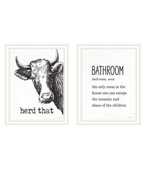 HomeRoots Set Of Two HERD THAT! Stylish White Framed Bathroom Wall Art for Trendy Home Decor and Accent 568681