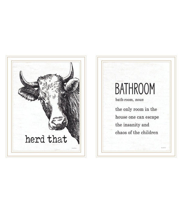 HomeRoots Set Of Two HERD THAT! Stylish White Framed Bathroom Wall Art for Trendy Home Decor and Accent 568681
