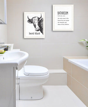 HomeRoots Set Of Two HERD THAT! Stylish White Framed Bathroom Wall Art for Trendy Home Decor and Accent 568681