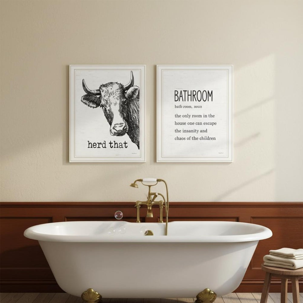 HomeRoots Set Of Two HERD THAT! Stylish White Framed Bathroom Wall Art for Trendy Home Decor and Accent 568681