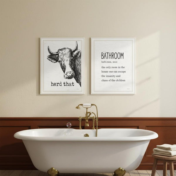 HomeRoots Set Of Two HERD THAT! Stylish White Framed Bathroom Wall Art for Trendy Home Decor and Accent 568681