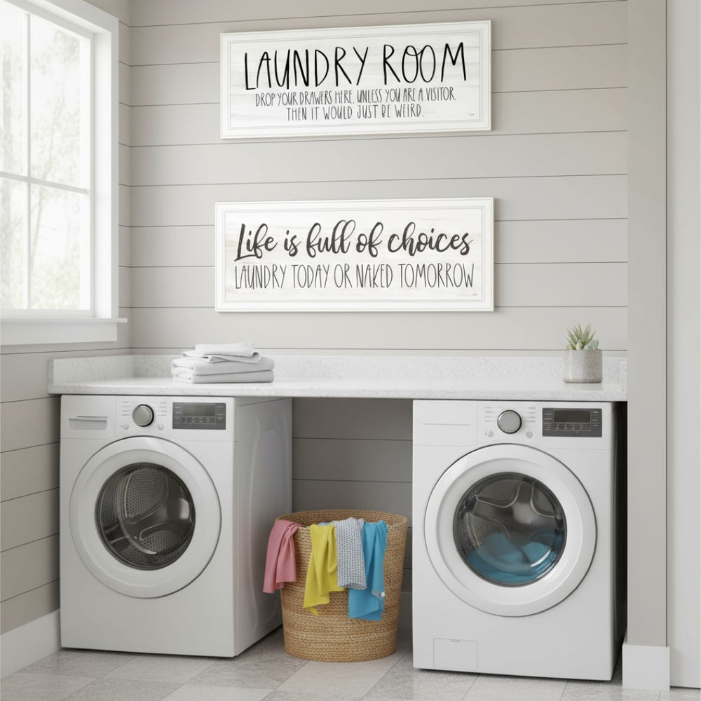 HomeRoots Set of Two Humorous Laundry Prints - "Life is Full of Choices!" White Framed Wall Art Decor 568695