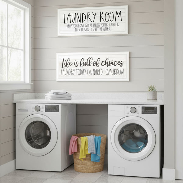 HomeRoots Set of Two Humorous Laundry Prints - "Life is Full of Choices!" White Framed Wall Art Decor 568695