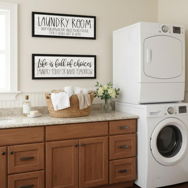 HomeRoots Set of Two Playful Laundry Wall Art with Black Frames – Humorous and Stylish Décor for Your Space! 568698