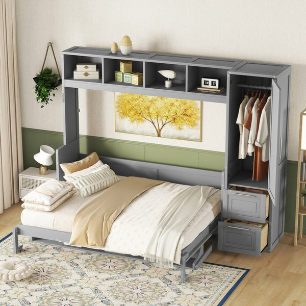 English Elm Queen Murphy Wall Bed with Integrated Wardrobe and Drawers for Studio or Guest Room Gray LP000793AAE-3
