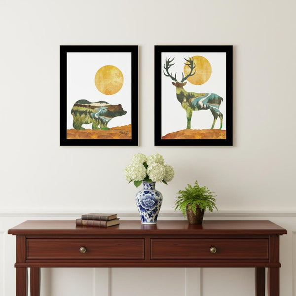 HomeRoots Set of Two Bear and Deer Framed Wall Art - Elegant Nature Prints for Stylish Home Decor Spaces 568700