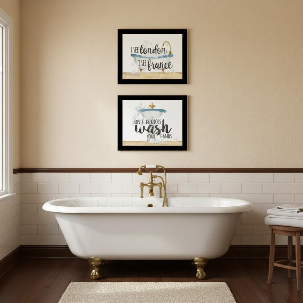 HomeRoots Set of Two Framed Bathroom Wall Art Prints - "I See London" & "I See France" for Chic Décor 568708