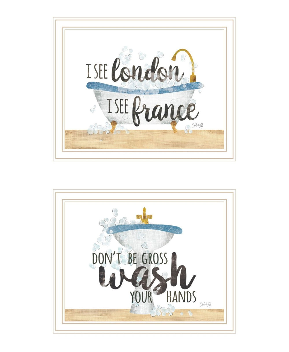 HomeRoots Set of Two Framed Bathroom Wall Art - Playful "I See London" & "I See France" Prints for Décor 568710
