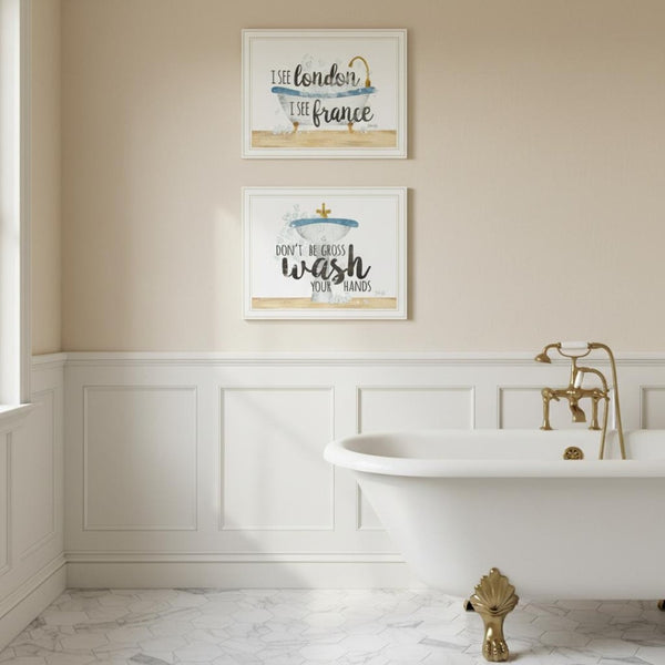 HomeRoots Set of Two Framed Bathroom Wall Art - Playful "I See London" & "I See France" Prints for Décor 568710