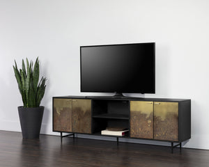 Sunpan Auburn Media Console Cabinet - Exotic Vibrance with Antique Brass Ombre Finish & Black Metal Frame