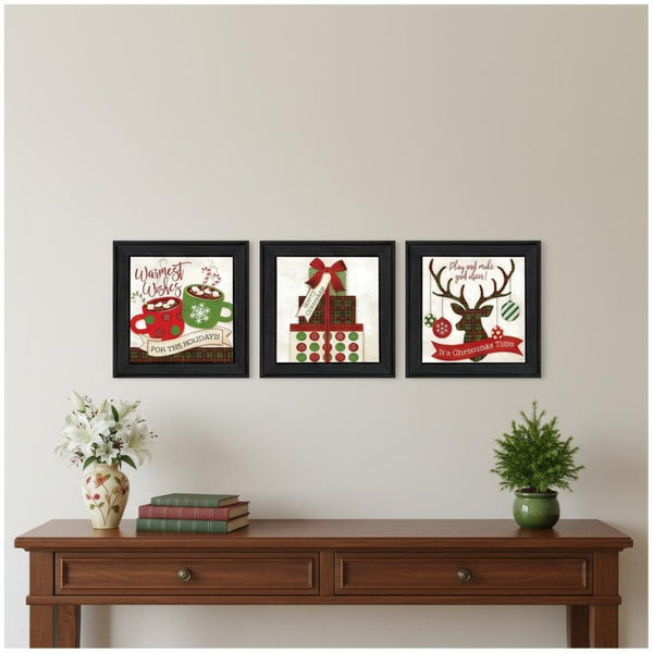 HomeRoots Set of Three Festive Black Framed Wall Art Prints - Modern Acrylic Paintings for Seasonal Charm 568727