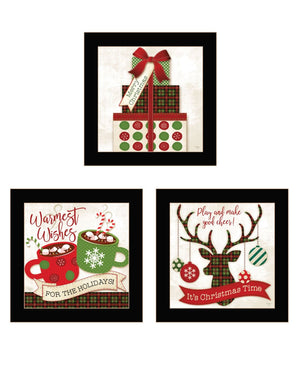 HomeRoots Set of Three Festive Christmas Wall Art Prints in Black Frames - Perfect for Holiday Decor! 568728