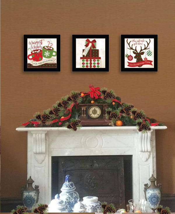 HomeRoots Set of Three Festive Christmas Wall Art Prints in Black Frames - Perfect for Holiday Decor! 568728