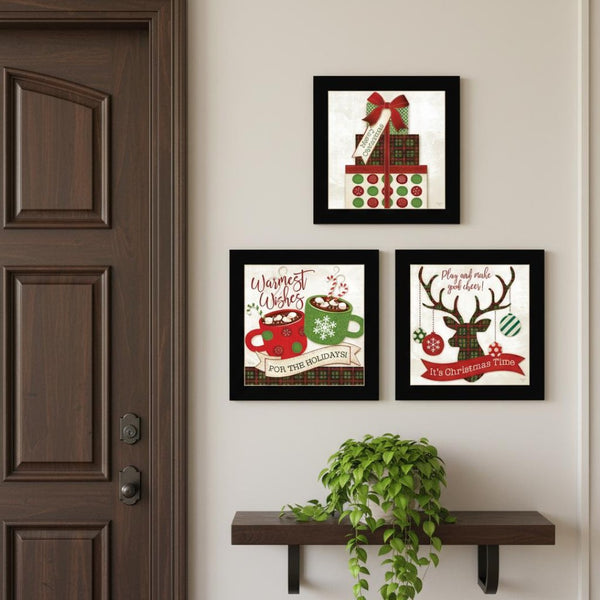 HomeRoots Set of Three Festive Christmas Wall Art Prints in Black Frames - Perfect for Holiday Decor! 568728