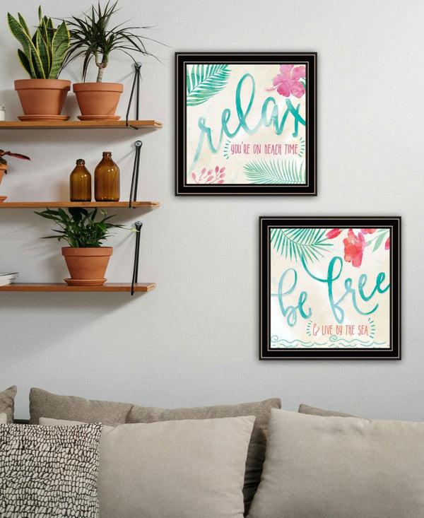 HomeRoots Set of Two Coastal-Inspired Black Framed Wall Art Prints - "Be Free, Live By The Sea" Decor 568733
