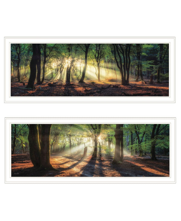 HomeRoots Set of Two Serene Sun Rays in Forest Wall Art - Modern White Framed Prints for Stylish Decor 568739