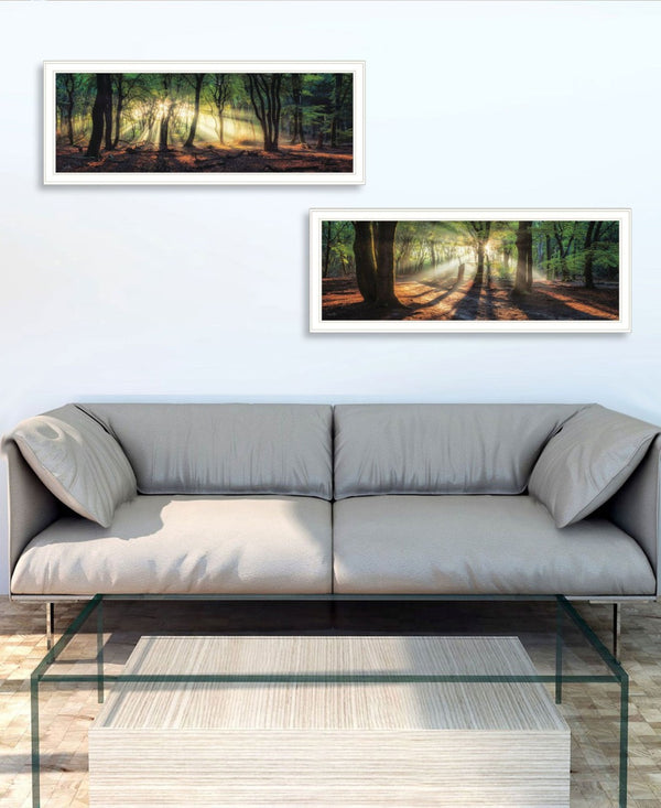 HomeRoots Set of Two Serene Sun Rays in Forest Wall Art - Modern White Framed Prints for Stylish Decor 568739