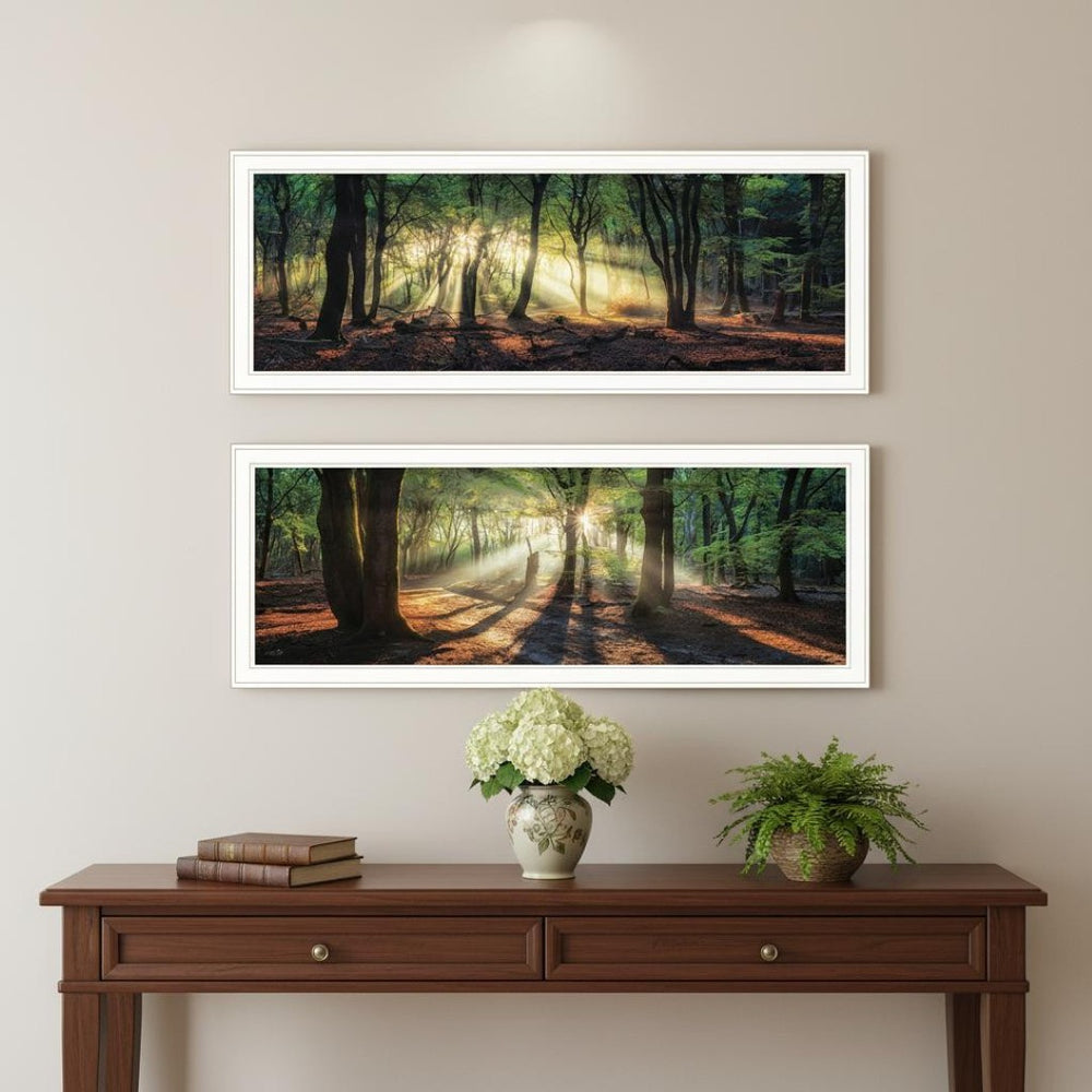 HomeRoots Set of Two Serene Sun Rays in Forest Wall Art - Modern White Framed Prints for Stylish Decor 568739