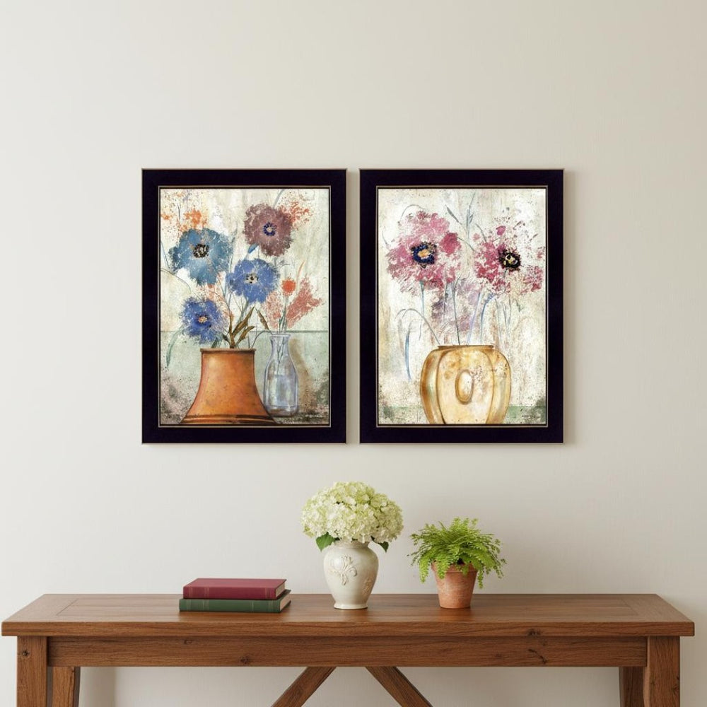 HomeRoots Set of Two Floral Dreams Wall Art - Modern Botanical Prints in Sleek Black Frames for Home Décor 568772