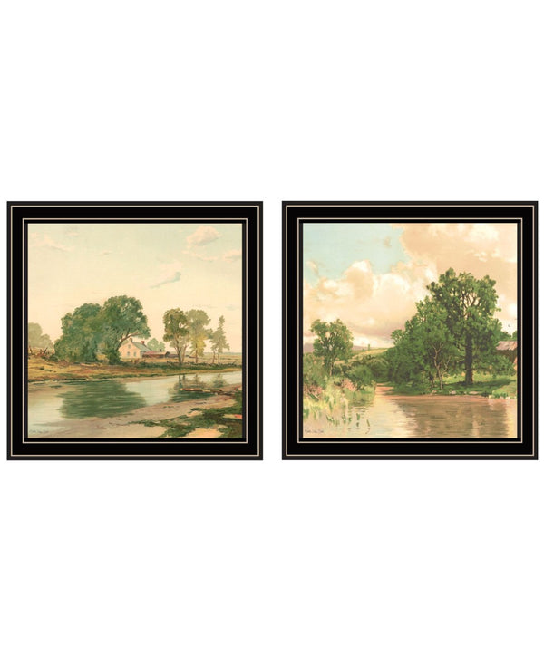 HomeRoots Set of Two Rustic Country Pond and Farmhouse Black Framed Art Prints for Charming Wall Decor 568778