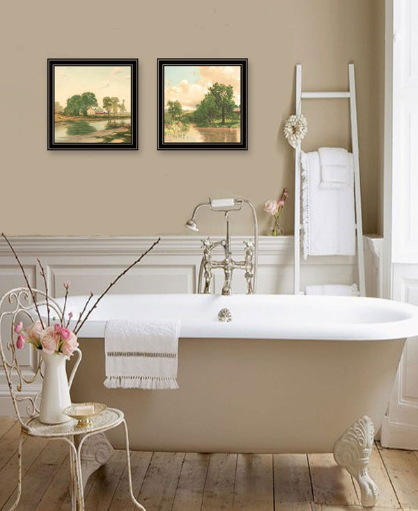HomeRoots Set of Two Rustic Country Pond and Farmhouse Black Framed Art Prints for Charming Wall Decor 568778