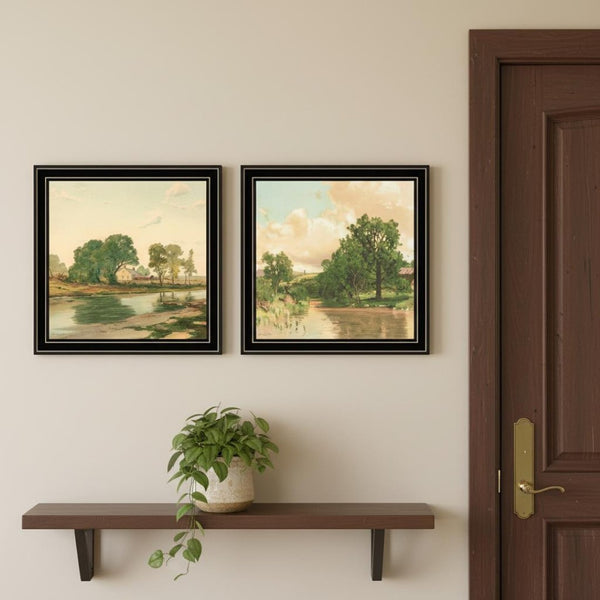 HomeRoots Set of Two Rustic Country Pond and Farmhouse Black Framed Art Prints for Charming Wall Decor 568778