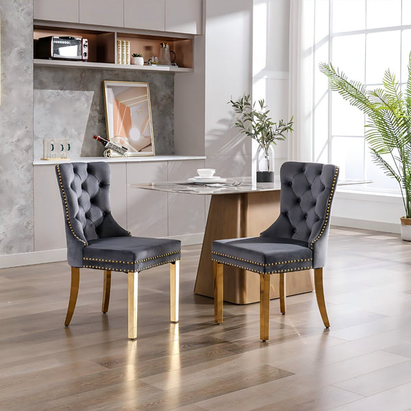 English Elm Hengming Tufted Wingback Velvet Dining Chairs Nailhead Trim Formal Set of 2 Dark Gray W212P465071