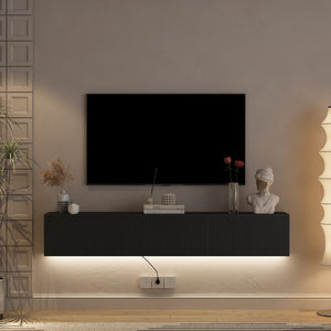 English Elm Floating TV Stand Wall Mounted with 16-Color LED Accent Lights, Modern 69" Floating Cabinet with Ample Storage and Sturdy MDF Build Black 74.8 L x 21.46 W x 5.51 H W1321P292553
