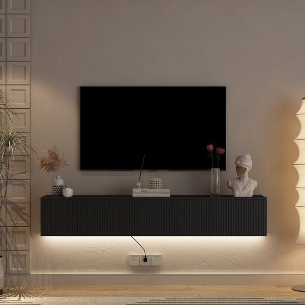 English Elm Floating TV Stand Wall Mounted with 16-Color LED Accent Lights, Modern 69" Floating Cabinet with Ample Storage and Sturdy MDF Build Black 74.8 L x 21.46 W x 5.51 H W1321P292553