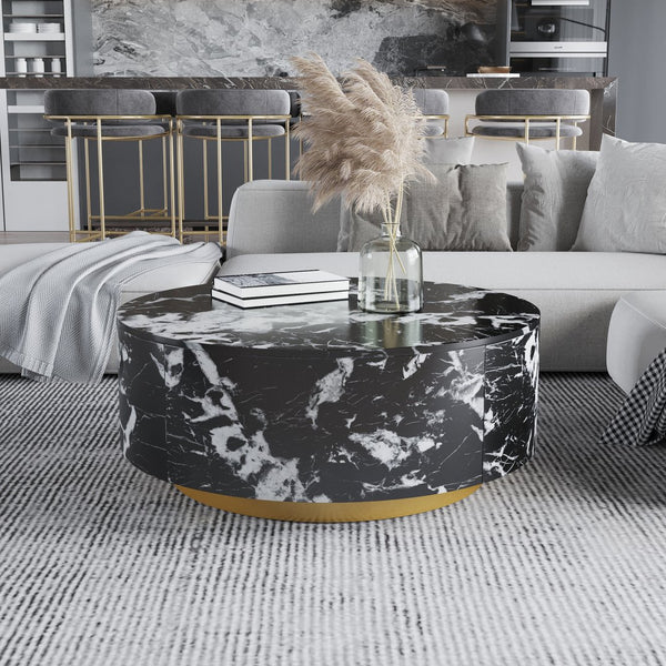English Elm Tavola Round Coffee Table with Marble Pattern Top and Metal Legs, Two Drawers for Stylish Storage Black B341P321162