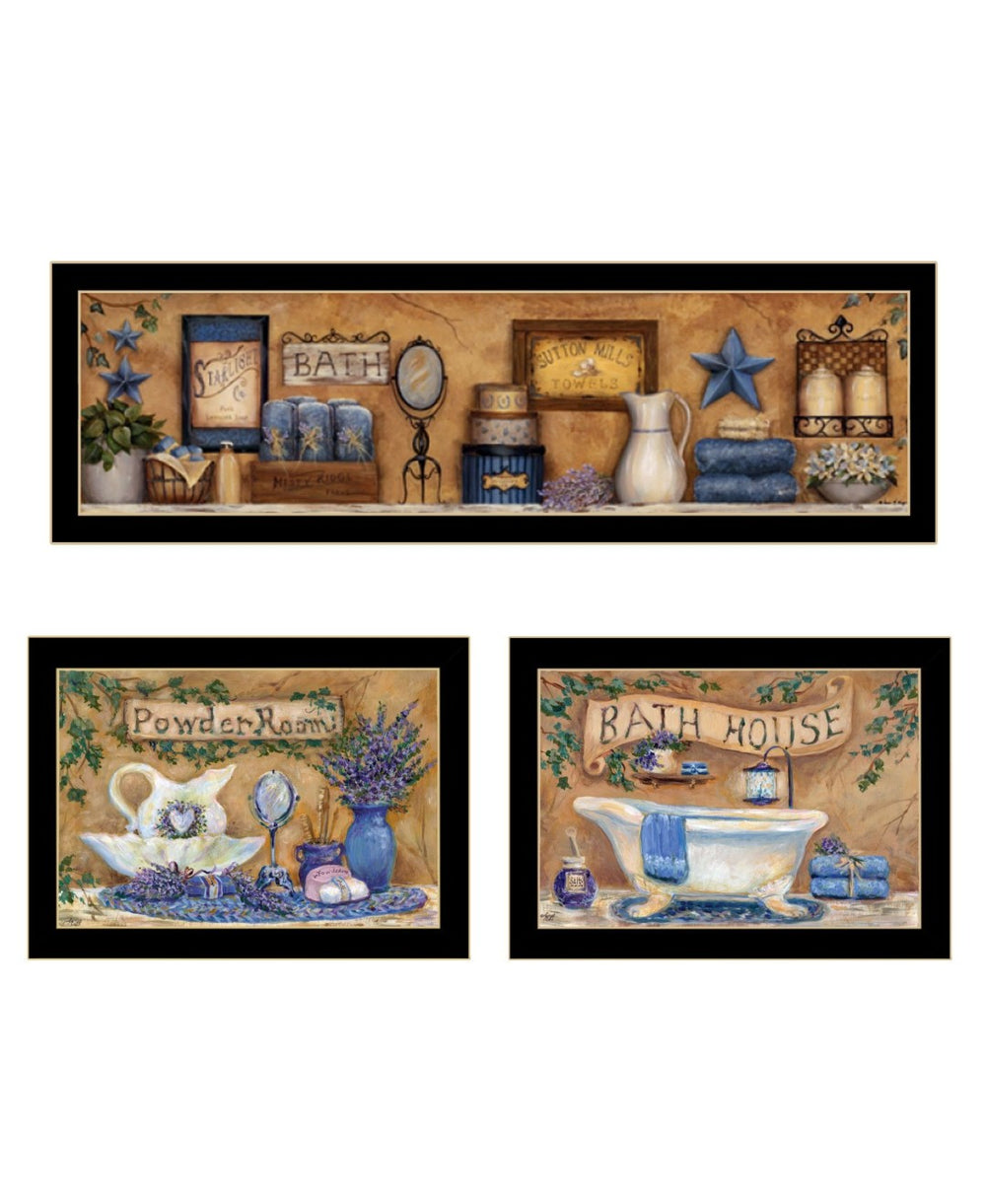 HomeRoots Set Of Three Relaxing Lavender Bath Prints in Black Frames for a Serene Bathroom Decor Upgrade 568807