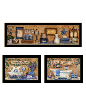 HomeRoots Set Of Three Relaxing Lavender Bath Prints in Black Frames for a Serene Bathroom Decor Upgrade 568807