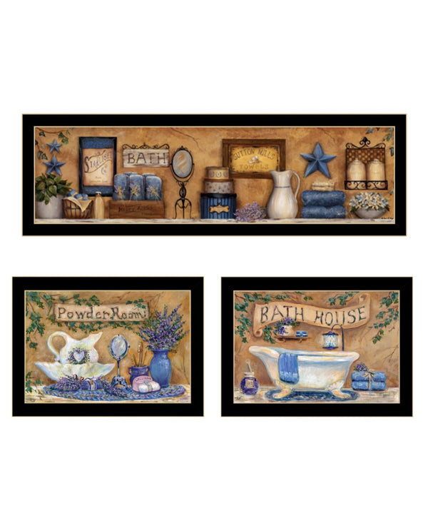 HomeRoots Set Of Three Relaxing Lavender Bath Prints in Black Frames for a Serene Bathroom Decor Upgrade 568807