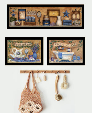 HomeRoots Set Of Three Relaxing Lavender Bath Prints in Black Frames for a Serene Bathroom Decor Upgrade 568807