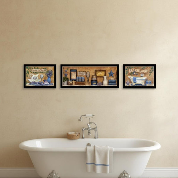 HomeRoots Set Of Three Relaxing Lavender Bath Prints in Black Frames for a Serene Bathroom Decor Upgrade 568807
