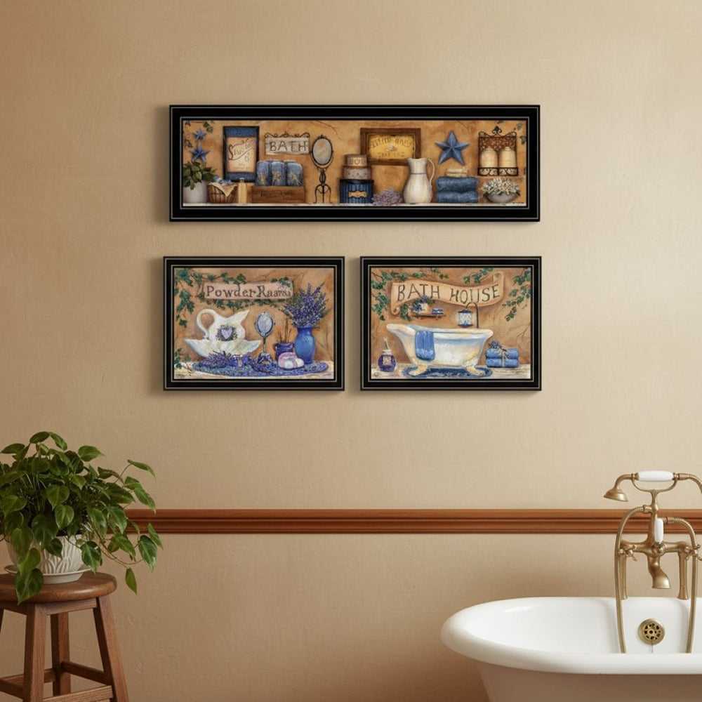 HomeRoots Set of Three Spa-Inspired Lavender Bath Framed Wall Art Panels for Stylish Bathroom Décor Upgrade 568808