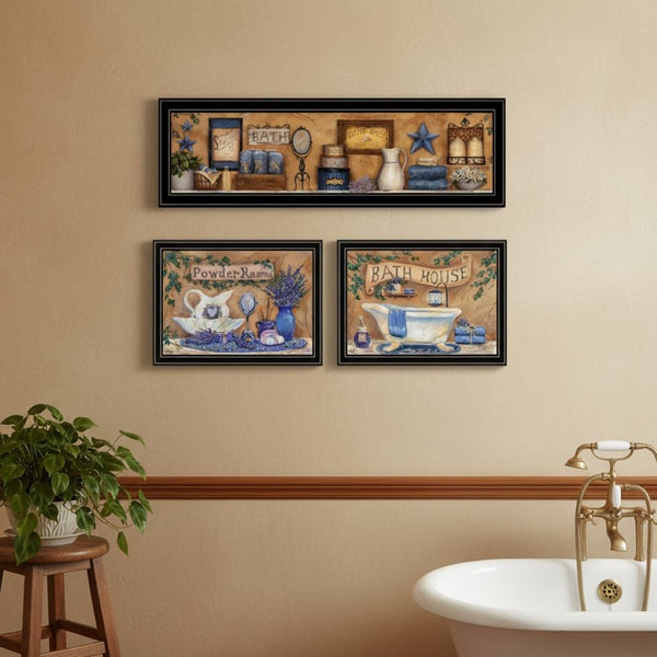 HomeRoots Set of Three Spa-Inspired Lavender Bath Framed Wall Art Panels for Stylish Bathroom Décor Upgrade 568808
