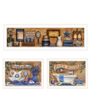 HomeRoots Set of Three Relaxing Lavender Bath Art Prints in White Frames for a Tranquil Bathroom Decor Refresh 568809