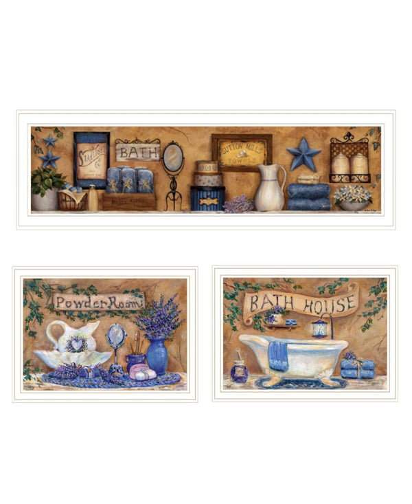 HomeRoots Set of Three Relaxing Lavender Bath Art Prints in White Frames for a Tranquil Bathroom Decor Refresh 568809